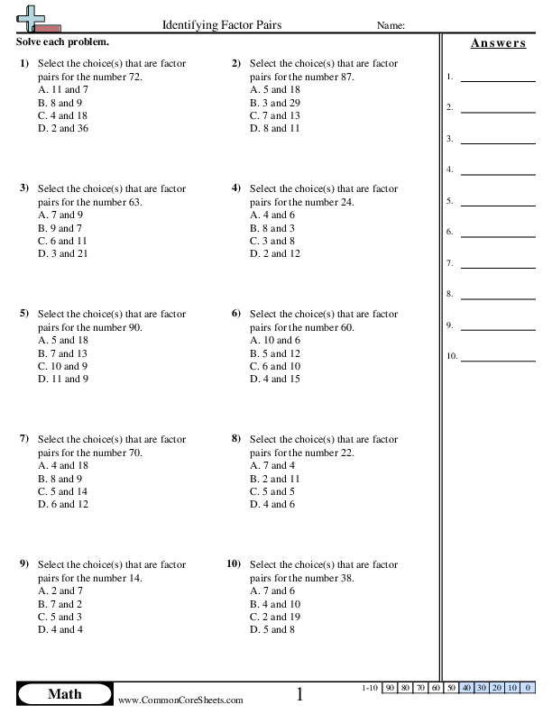 4.oa.4 Worksheets - Identifying Factor Pairs worksheet